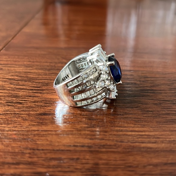 White Gold Plated Blue Sapphire Diamond Crown Simulated Ring - Picture 6 of 14